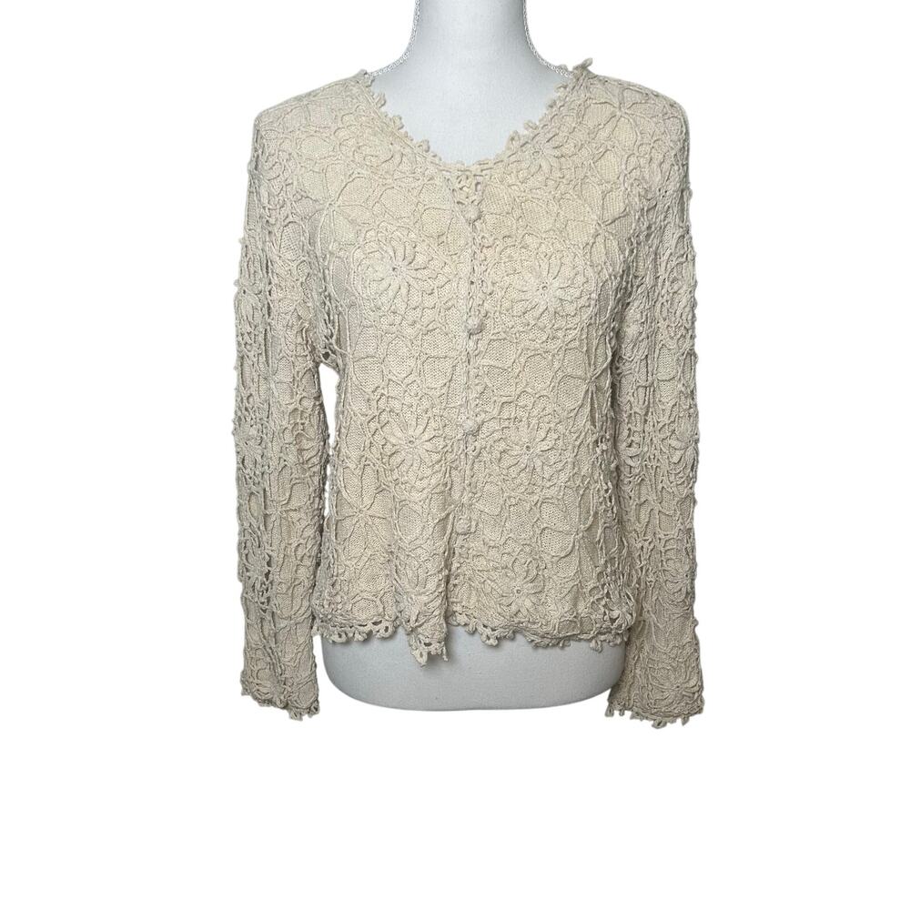 Halston women's beige floral crochet silk blend v-neck sweater size M